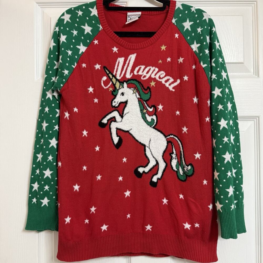 Magical Unicorn Pullover Holiday Christmas Sweater Stars Youth 14-16 XL